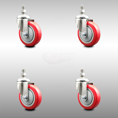 Service Caster 4 Inch 316SS Red Polyurethane Wheel Swivel 1/2 Inch Threaded Stem Caster Set SCC SCC-SS316TS20S414-PPUB-RED-121315-4